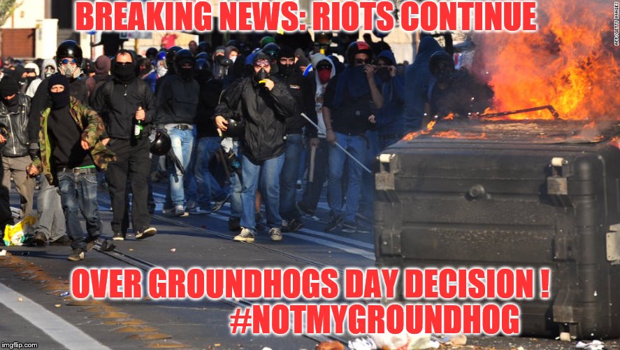Occupy Groundhog's Day ! | BREAKING NEWS: RIOTS CONTINUE; OVER GROUNDHOGS DAY DECISION !                     #NOTMYGROUNDHOG | image tagged in groundhog day,uc berkeley,democrats,trump,milo yiannopoulos | made w/ Imgflip meme maker