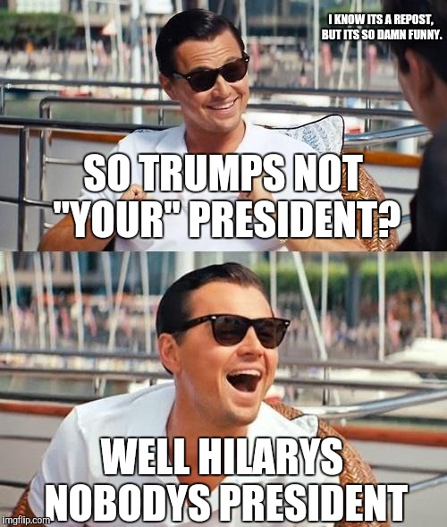 Leonardo Dicaprio Wolf Of Wall Street | I KNOW ITS A REPOST, BUT ITS SO DAMN FUNNY. SO TRUMPS NOT "YOUR" PRESIDENT? WELL HILARYS NOBODYS PRESIDENT | image tagged in memes,leonardo dicaprio wolf of wall street | made w/ Imgflip meme maker