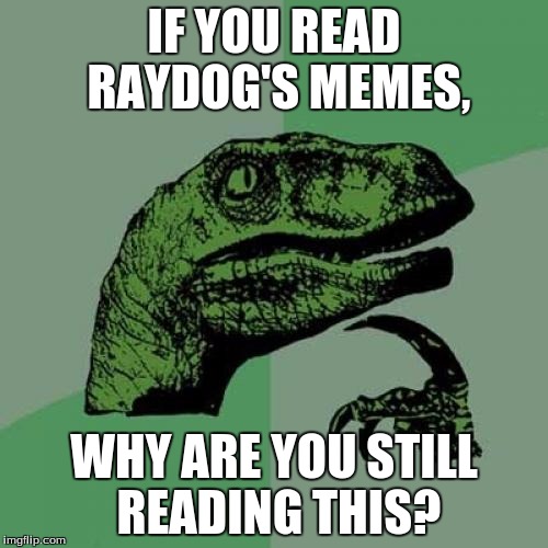 Philosoraptor Meme | IF YOU READ RAYDOG'S MEMES, WHY ARE YOU STILL READING THIS? | image tagged in memes,philosoraptor | made w/ Imgflip meme maker