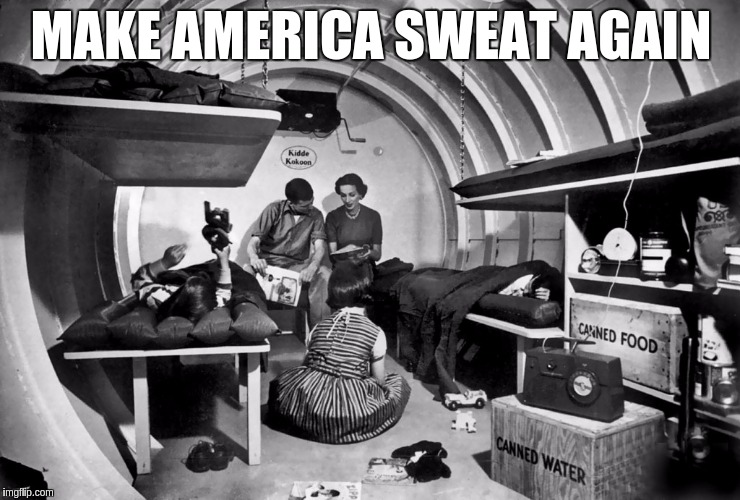 MAKE AMERICA SWEAT AGAIN | image tagged in fallout shelter | made w/ Imgflip meme maker