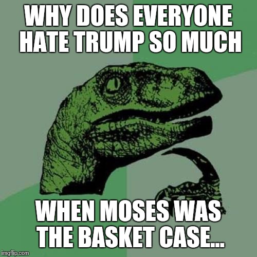 Philosoraptor Meme | WHY DOES EVERYONE HATE TRUMP SO MUCH; WHEN MOSES WAS THE BASKET CASE... | image tagged in memes,philosoraptor | made w/ Imgflip meme maker