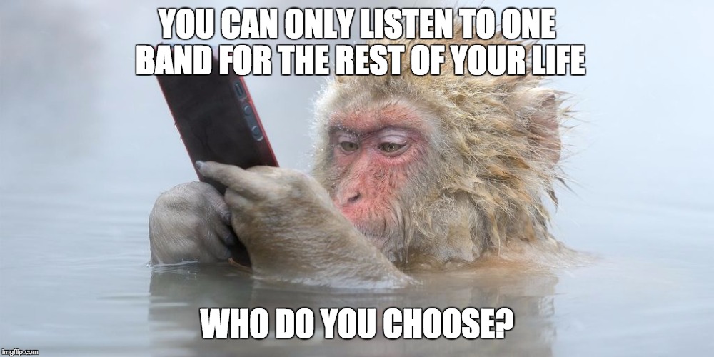 Ipod Snowmonkey | YOU CAN ONLY LISTEN TO ONE BAND FOR THE REST OF YOUR LIFE; WHO DO YOU CHOOSE? | image tagged in ipod snowmonkey | made w/ Imgflip meme maker