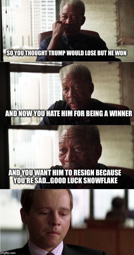 Good luck snowflakes  | SO YOU THOUGHT TRUMP WOULD LOSE BUT HE WON; AND NOW YOU HATE HIM FOR BEING A WINNER; AND YOU WANT HIM TO RESIGN BECAUSE YOU'RE SAD...GOOD LUCK SNOWFLAKE | image tagged in memes,morgan freeman good luck | made w/ Imgflip meme maker