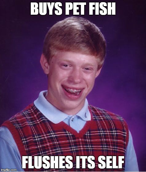 Bad Luck Brian Meme | BUYS PET FISH; FLUSHES ITS SELF | image tagged in memes,bad luck brian | made w/ Imgflip meme maker