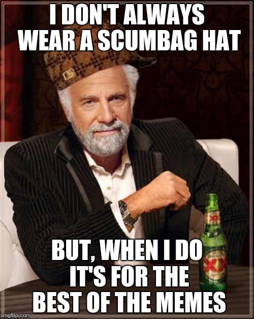 The Most Interesting Man In The World Meme | I DON'T ALWAYS WEAR A SCUMBAG HAT; BUT, WHEN I DO IT'S FOR THE BEST OF THE MEMES | image tagged in memes,the most interesting man in the world,scumbag | made w/ Imgflip meme maker