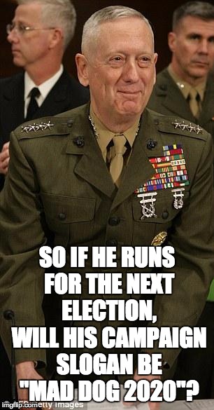 Gen Mattis | SO IF HE RUNS FOR THE NEXT ELECTION, WILL HIS CAMPAIGN SLOGAN BE "MAD DOG 2020"? | image tagged in gen mattis | made w/ Imgflip meme maker