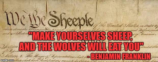 - BENJAMIN FRANKLIN "MAKE YOURSELVES SHEEP, AND THE WOLVES WILL EAT YOU" | made w/ Imgflip meme maker