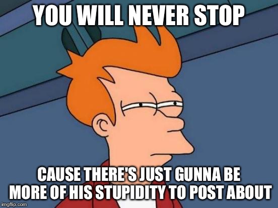 Futurama Fry Meme | YOU WILL NEVER STOP CAUSE THERE'S JUST GUNNA BE MORE OF HIS STUPIDITY TO POST ABOUT | image tagged in memes,futurama fry | made w/ Imgflip meme maker