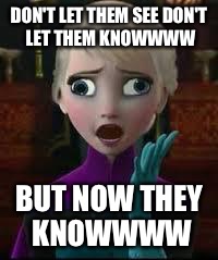 Elsa derped out on drugs | DON'T LET THEM SEE
DON'T LET THEM KNOWWWW; BUT NOW THEY KNOWWWW | image tagged in elsa derped out on drugs | made w/ Imgflip meme maker