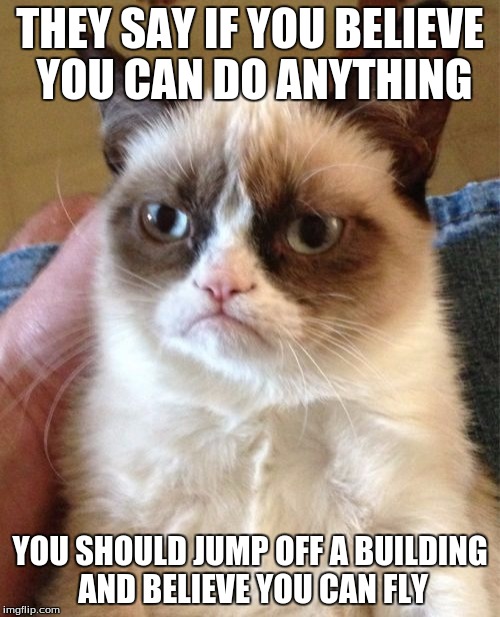 Grumpy Cat | THEY SAY IF YOU BELIEVE YOU CAN DO ANYTHING; YOU SHOULD JUMP OFF A BUILDING AND BELIEVE YOU CAN FLY | image tagged in memes,grumpy cat | made w/ Imgflip meme maker