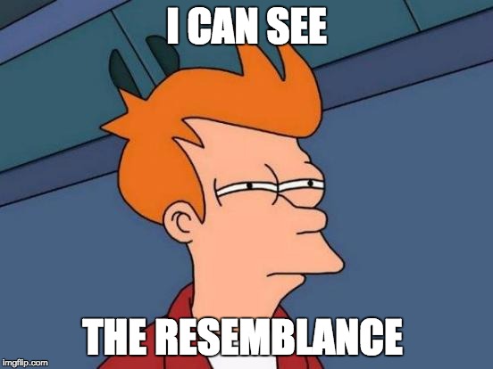 I CAN SEE THE RESEMBLANCE | image tagged in memes,futurama fry | made w/ Imgflip meme maker