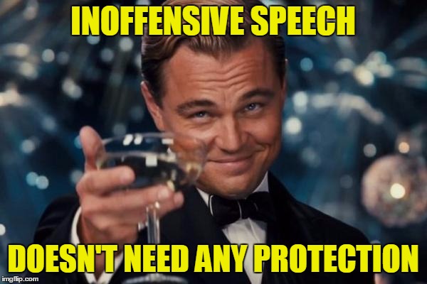 Leonardo Dicaprio Cheers Meme | INOFFENSIVE SPEECH DOESN'T NEED ANY PROTECTION | image tagged in memes,leonardo dicaprio cheers | made w/ Imgflip meme maker