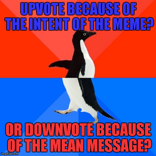 Socially Awesome Awkward Penguin Meme | UPVOTE BECAUSE OF THE INTENT OF THE MEME? OR DOWNVOTE BECAUSE OF THE MEAN MESSAGE? | image tagged in memes,socially awesome awkward penguin | made w/ Imgflip meme maker