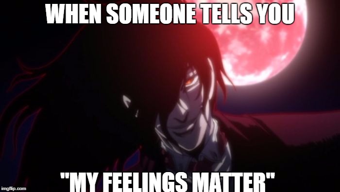 Alucard2 | WHEN SOMEONE TELLS YOU; "MY FEELINGS MATTER" | image tagged in alucard2 | made w/ Imgflip meme maker