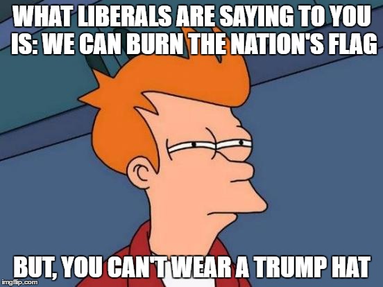 Futurama Fry | WHAT LIBERALS ARE SAYING TO YOU IS: WE CAN BURN THE NATION'S FLAG; BUT, YOU CAN'T WEAR A TRUMP HAT | image tagged in memes,futurama fry | made w/ Imgflip meme maker