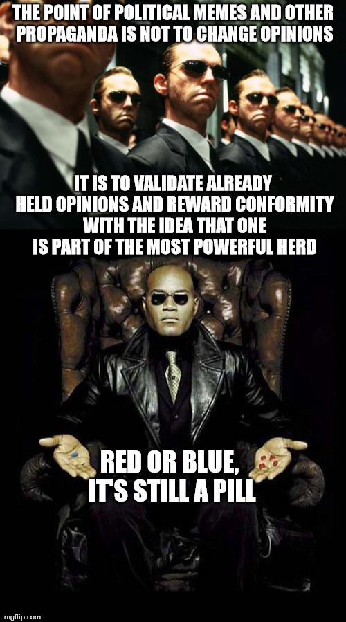 The illusion is that you have a choice. | THE POINT OF POLITICAL MEMES AND OTHER PROPAGANDA IS NOT TO CHANGE OPINIONS; IT IS TO VALIDATE ALREADY HELD OPINIONS AND REWARD CONFORMITY WITH THE IDEA THAT ONE IS PART OF THE MOST POWERFUL HERD; RED OR BLUE, IT'S STILL A PILL | image tagged in memes,matrix,culture,propaganda,red pill | made w/ Imgflip meme maker