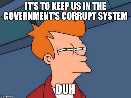 Futurama Fry Meme | IT'S TO KEEP US IN THE GOVERNMENT'S CORRUPT SYSTEM DUH | image tagged in memes,futurama fry | made w/ Imgflip meme maker