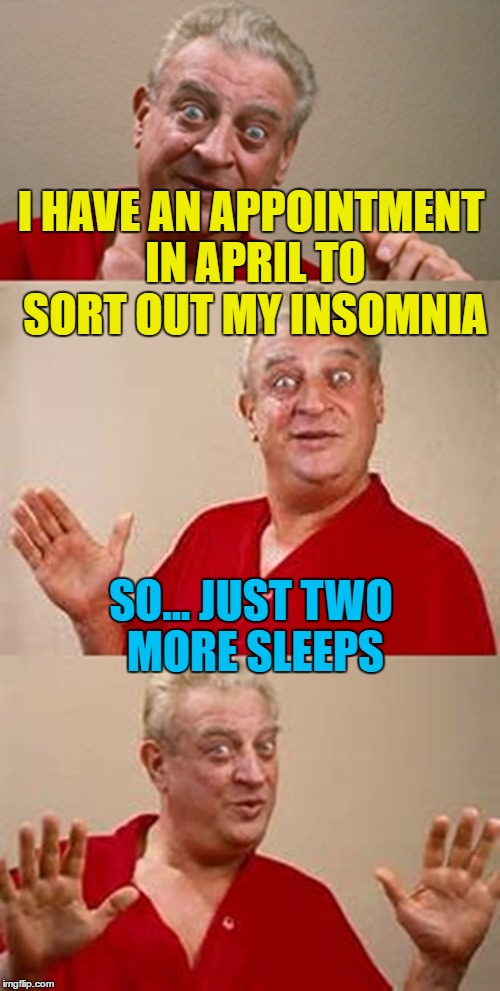 I wasn't sure whether to submit this. After sleeping on it I decided to :) | I HAVE AN APPOINTMENT IN APRIL TO SORT OUT MY INSOMNIA; SO... JUST TWO MORE SLEEPS | image tagged in bad pun dangerfield,memes,insomnia,doctors,sleep | made w/ Imgflip meme maker