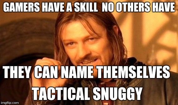 One Does Not Simply Meme | GAMERS HAVE A SKILL 
NO OTHERS HAVE; THEY CAN NAME THEMSELVES; TACTICAL SNUGGY | image tagged in memes,one does not simply | made w/ Imgflip meme maker