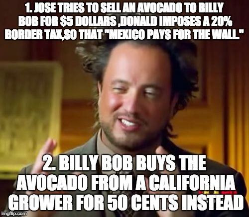 Ancient Aliens Meme | 1. JOSE TRIES TO SELL AN AVOCADO TO BILLY BOB FOR $5 DOLLARS ,DONALD IMPOSES A 20% BORDER TAX,SO THAT "MEXICO PAYS FOR THE WALL." 2. BILLY B | image tagged in memes,ancient aliens | made w/ Imgflip meme maker