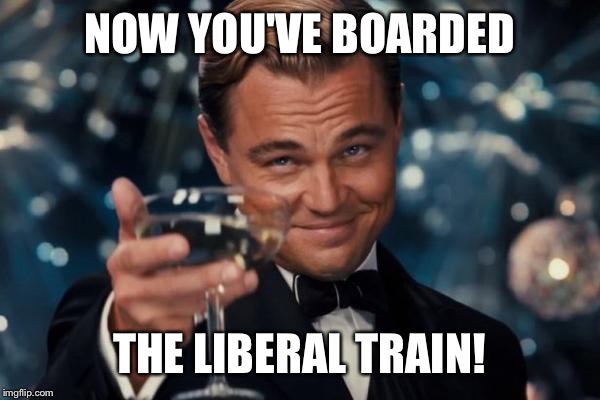 Leonardo Dicaprio Cheers Meme | NOW YOU'VE BOARDED THE LIBERAL TRAIN! | image tagged in memes,leonardo dicaprio cheers | made w/ Imgflip meme maker