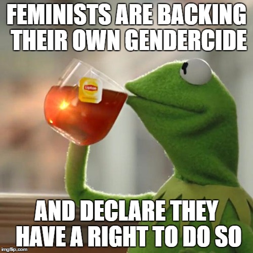 But That's None Of My Business | FEMINISTS ARE BACKING THEIR OWN GENDERCIDE; AND DECLARE THEY HAVE A RIGHT TO DO SO | image tagged in memes,but thats none of my business,kermit the frog | made w/ Imgflip meme maker