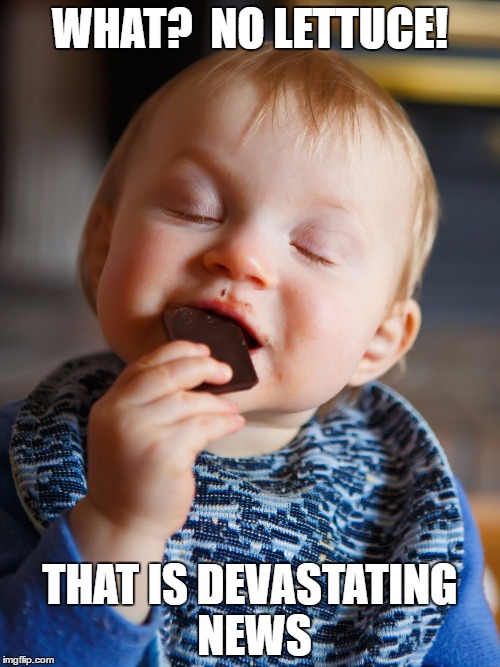 Chocolate Happiness | WHAT?  NO LETTUCE! THAT IS DEVASTATING NEWS | image tagged in chocolate happiness | made w/ Imgflip meme maker