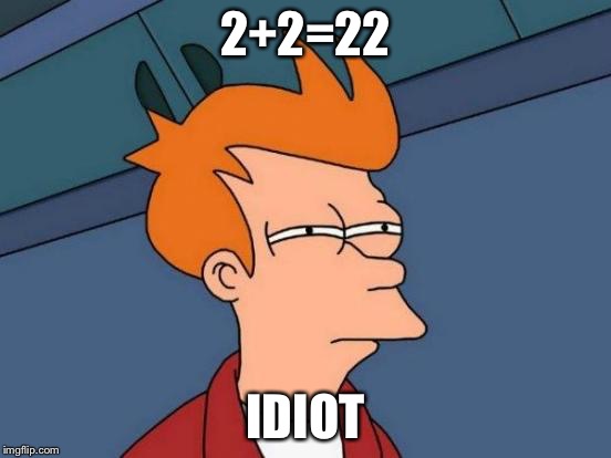 Futurama Fry Meme | 2+2=22 IDIOT | image tagged in memes,futurama fry | made w/ Imgflip meme maker