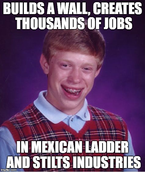 Bad Luck Brian Meme | BUILDS A WALL, CREATES THOUSANDS OF JOBS IN MEXICAN LADDER AND STILTS INDUSTRIES | image tagged in memes,bad luck brian | made w/ Imgflip meme maker