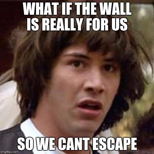 Conspiracy Keanu Meme | WHAT IF THE WALL IS REALLY FOR US; SO WE CANT ESCAPE | image tagged in memes,conspiracy keanu | made w/ Imgflip meme maker