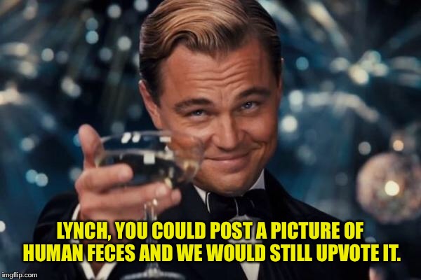 Leonardo Dicaprio Cheers Meme | LYNCH, YOU COULD POST A PICTURE OF HUMAN FECES AND WE WOULD STILL UPVOTE IT. | image tagged in memes,leonardo dicaprio cheers | made w/ Imgflip meme maker