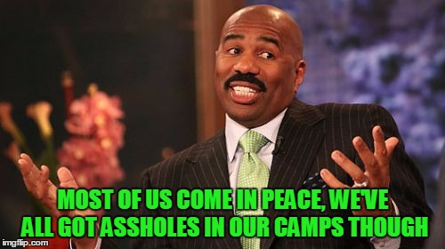 Steve Harvey Meme | MOST OF US COME IN PEACE, WE'VE ALL GOT ASSHOLES IN OUR CAMPS THOUGH | image tagged in memes,steve harvey | made w/ Imgflip meme maker