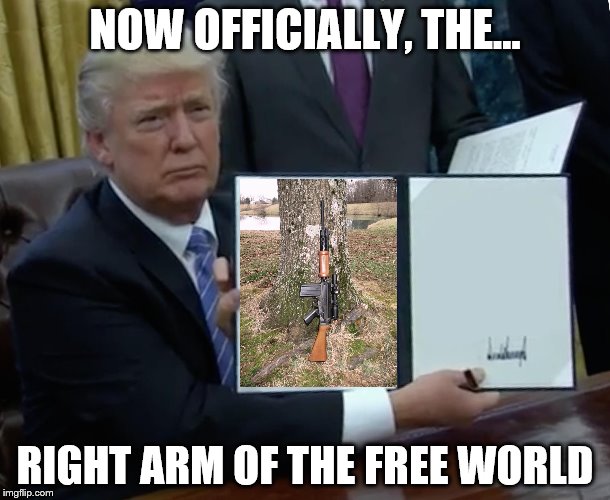 Trump Bill Signing Meme | NOW OFFICIALLY, THE... RIGHT ARM OF THE FREE WORLD | image tagged in trump bill signing | made w/ Imgflip meme maker