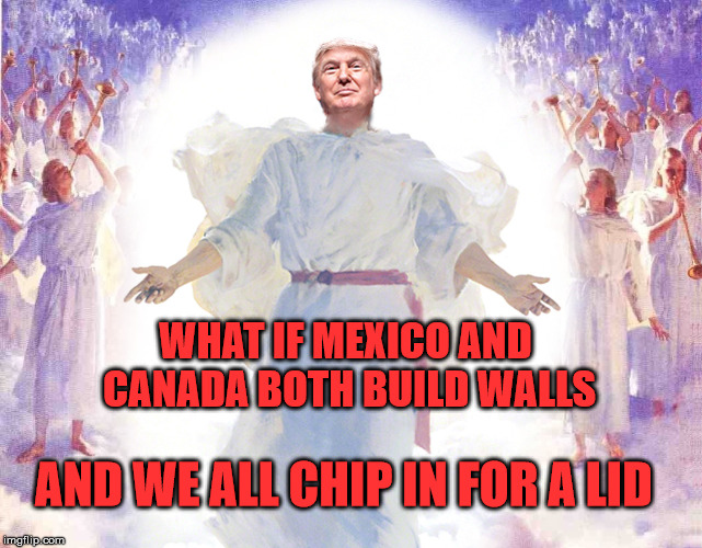 Trump walls | WHAT IF MEXICO AND CANADA BOTH BUILD WALLS; AND WE ALL CHIP IN FOR A LID | image tagged in wall world,canadian,mexican,wall,trump | made w/ Imgflip meme maker