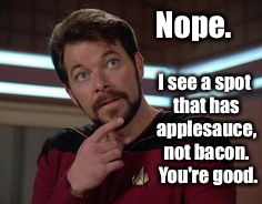 Nope. I see a spot that has applesauce, not bacon.  You're good. | made w/ Imgflip meme maker