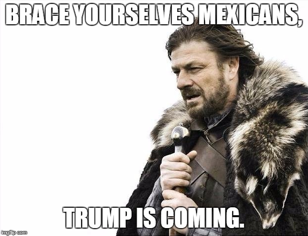 Brace Yourselves X is Coming Meme | BRACE YOURSELVES MEXICANS, TRUMP IS COMING. | image tagged in memes,brace yourselves x is coming | made w/ Imgflip meme maker