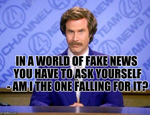 Fake News Anchorman | IN A WORLD OF FAKE NEWS YOU HAVE TO ASK YOURSELF - AM I THE ONE FALLING FOR IT? | image tagged in anchorman news update,meme,fake news | made w/ Imgflip meme maker