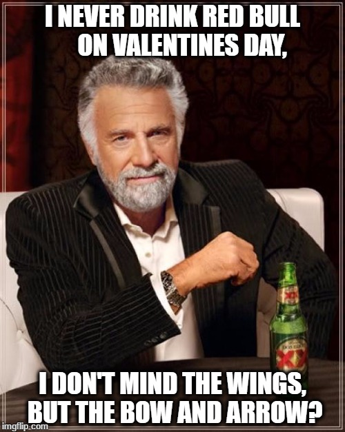 The Most Interesting Man In The World Meme | I NEVER DRINK RED BULL      ON VALENTINES DAY, I DON'T MIND THE WINGS, BUT THE BOW AND ARROW? | image tagged in memes,the most interesting man in the world | made w/ Imgflip meme maker