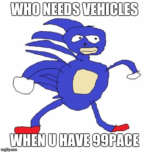 Sanic | WHO NEEDS VEHICLES; WHEN U HAVE 99PACE | image tagged in sanic | made w/ Imgflip meme maker