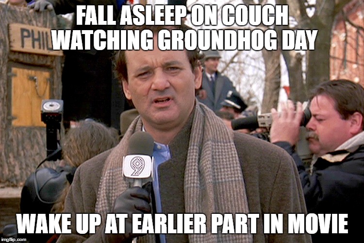 Groundhog | FALL ASLEEP ON COUCH WATCHING GROUNDHOG DAY; WAKE UP AT EARLIER PART IN MOVIE | image tagged in groundhog | made w/ Imgflip meme maker