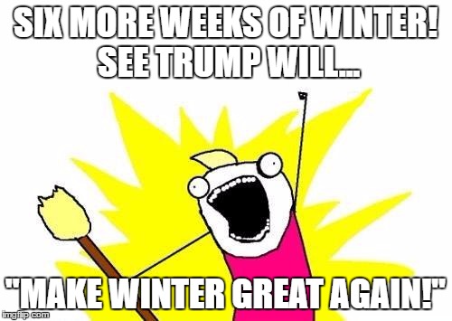 Global Warming... Trump said it was a myth... Ask the Groundhog.... | SIX MORE WEEKS OF WINTER! SEE TRUMP WILL... "MAKE WINTER GREAT AGAIN!" | image tagged in memes,x all the y,donald trump approves,groundhog day,winter is here,global warming | made w/ Imgflip meme maker