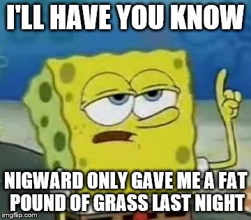 I'll Have You Know Spongebob Meme | I'LL HAVE YOU KNOW; NIGWARD ONLY GAVE ME A FAT POUND OF GRASS LAST NIGHT | image tagged in memes,ill have you know spongebob | made w/ Imgflip meme maker