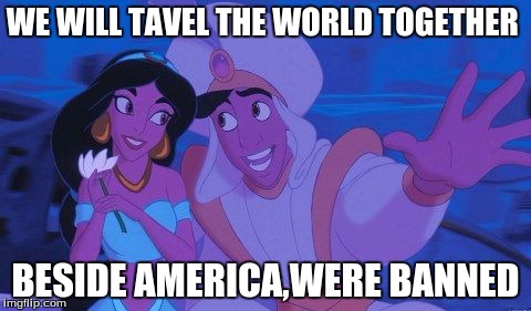 aladin | WE WILL TAVEL THE WORLD TOGETHER; BESIDE AMERICA,WERE BANNED | image tagged in aladin | made w/ Imgflip meme maker