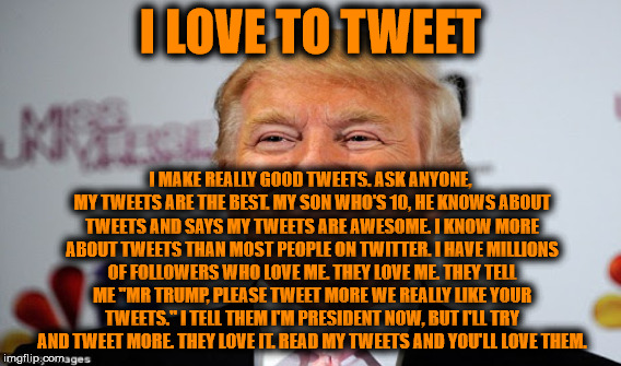 I LOVE TO TWEET I MAKE REALLY GOOD TWEETS. ASK ANYONE, MY TWEETS ARE THE BEST. MY SON WHO'S 10, HE KNOWS ABOUT TWEETS AND SAYS MY TWEETS ARE | made w/ Imgflip meme maker