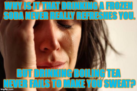 First World Problems Meme | WHY IS IT THAT DRINKING A FROZEN SODA NEVER REALLY REFRESHES YOU. BUT DRINKING BOILING TEA NEVER FAILS TO MAKE YOU SWEAT? | image tagged in memes,first world problems | made w/ Imgflip meme maker