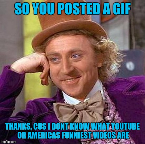 Creepy Condescending Wonka Meme | SO YOU POSTED A GIF; THANKS. CUS I DONT KNOW WHAT YOUTUBE OR AMERICAS FUNNIEST VIDEOS ARE | image tagged in memes,creepy condescending wonka | made w/ Imgflip meme maker