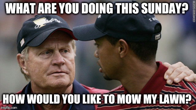 Caddyshack Nicklaus Woods  |  WHAT ARE YOU DOING THIS SUNDAY? HOW WOULD YOU LIKE TO MOW MY LAWN? | image tagged in tiger woods,jack nicklaus,golf,caddyshack,pga tour,judge smails | made w/ Imgflip meme maker