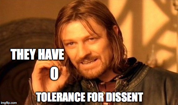 One Does Not Simply Meme | 0 TOLERANCE FOR DISSENT THEY HAVE | image tagged in memes,one does not simply | made w/ Imgflip meme maker