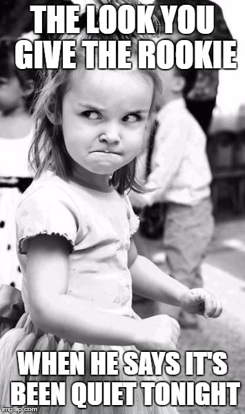 Angry Toddler Meme | THE LOOK YOU GIVE THE ROOKIE; WHEN HE SAYS IT'S BEEN QUIET TONIGHT | image tagged in memes,angry toddler | made w/ Imgflip meme maker