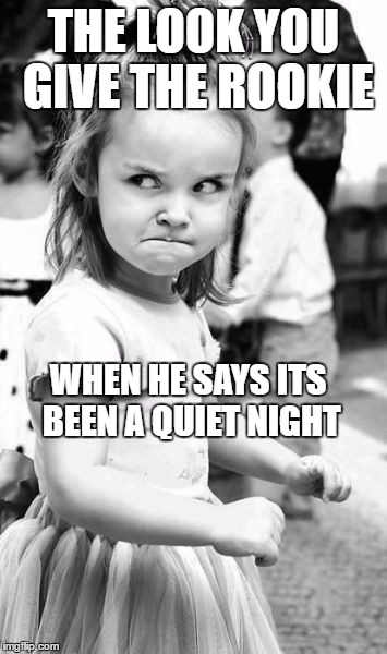Angry Toddler | THE LOOK YOU GIVE THE ROOKIE; WHEN HE SAYS ITS BEEN A QUIET NIGHT | image tagged in memes,angry toddler | made w/ Imgflip meme maker
